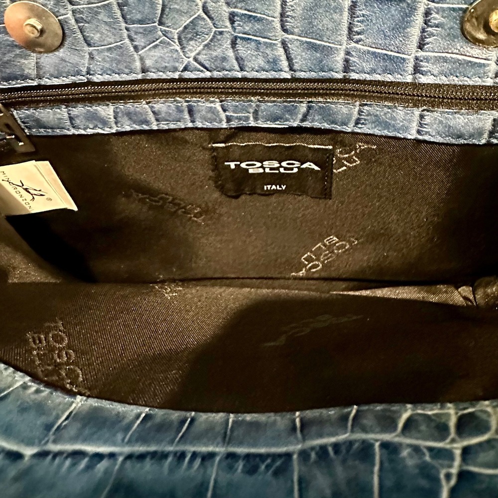 Tosca Blu Italy Blue Crocodile Embossed Leather Triple Compartment Shoulder Bag - Picture 9 of 11
